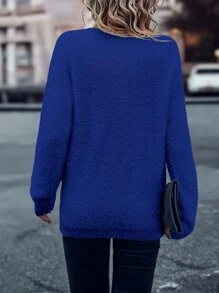 SHEIN LUNE Solid Batwing Sleeve V Neck Jumper - Royal Blue - View 2