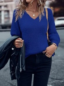 SHEIN LUNE Solid Batwing Sleeve V Neck Jumper - Royal Blue - View 5