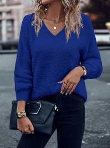 SHEIN LUNE Solid Batwing Sleeve V Neck Jumper - Royal Blue - View 6