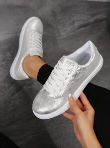 Metallic Lace-up Front Skate Shoes - Silver - View 1