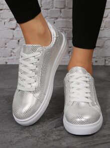 Metallic Lace-up Front Skate Shoes - Silver - View 2