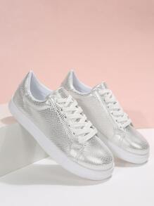 Metallic Lace-up Front Skate Shoes - Silver - View 3
