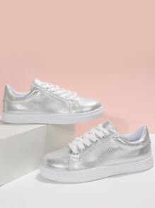 Metallic Lace-up Front Skate Shoes - Silver - View 4