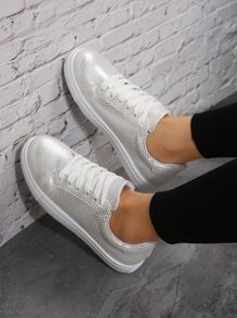 Metallic Lace-up Front Skate Shoes - Silver - View 5