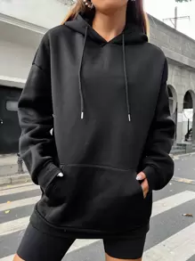 SHEIN Unity Sun & Moon Print Kangaroo Pocket Drawstring Hoodie,Long Sleeve Tops - Black - View 2