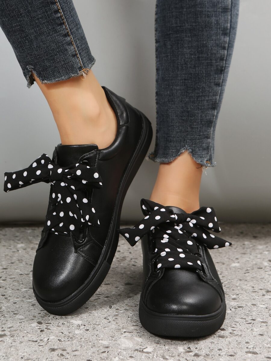 Polka Dot Pattern Lace-up Front Skate Shoes - Black - View 1