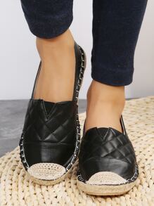 Quilted Detail Slip-On Espadrille Flats - Black - View 1