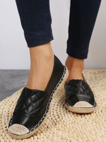 Quilted Detail Slip-On Espadrille Flats - Black - View 6