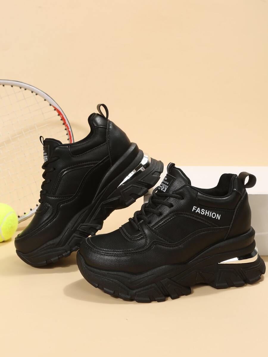 Letter Patch Decor Lace-up Front Wedge Sneakers - Black - View 1