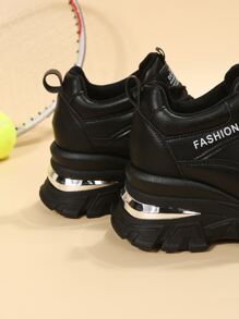 Letter Patch Decor Lace-up Front Wedge Sneakers - Black - View 3