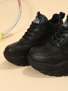Letter Patch Decor Lace-up Front Wedge Sneakers - Black - View 4