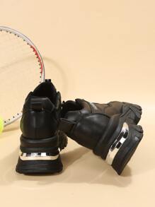 Letter Patch Decor Lace-up Front Wedge Sneakers - Black - View 5