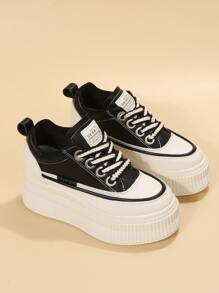 Patch Detail Lace-up Front Wedge Sneakers, Women's Wedge Heel Thick Sole Sport Shoes, Black & White With Letter Pattern - Black and White - View 3