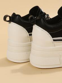 Patch Detail Lace-up Front Wedge Sneakers, Women's Wedge Heel Thick Sole Sport Shoes, Black & White With Letter Pattern - Black and White - View 4