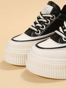 Patch Detail Lace-up Front Wedge Sneakers, Women's Wedge Heel Thick Sole Sport Shoes, Black & White With Letter Pattern - Black and White - View 5