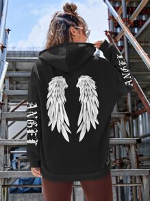 SHEIN Coolane Wings & Letter Graphic Drawstring Thermal Lined Hoodie - Black - View 1