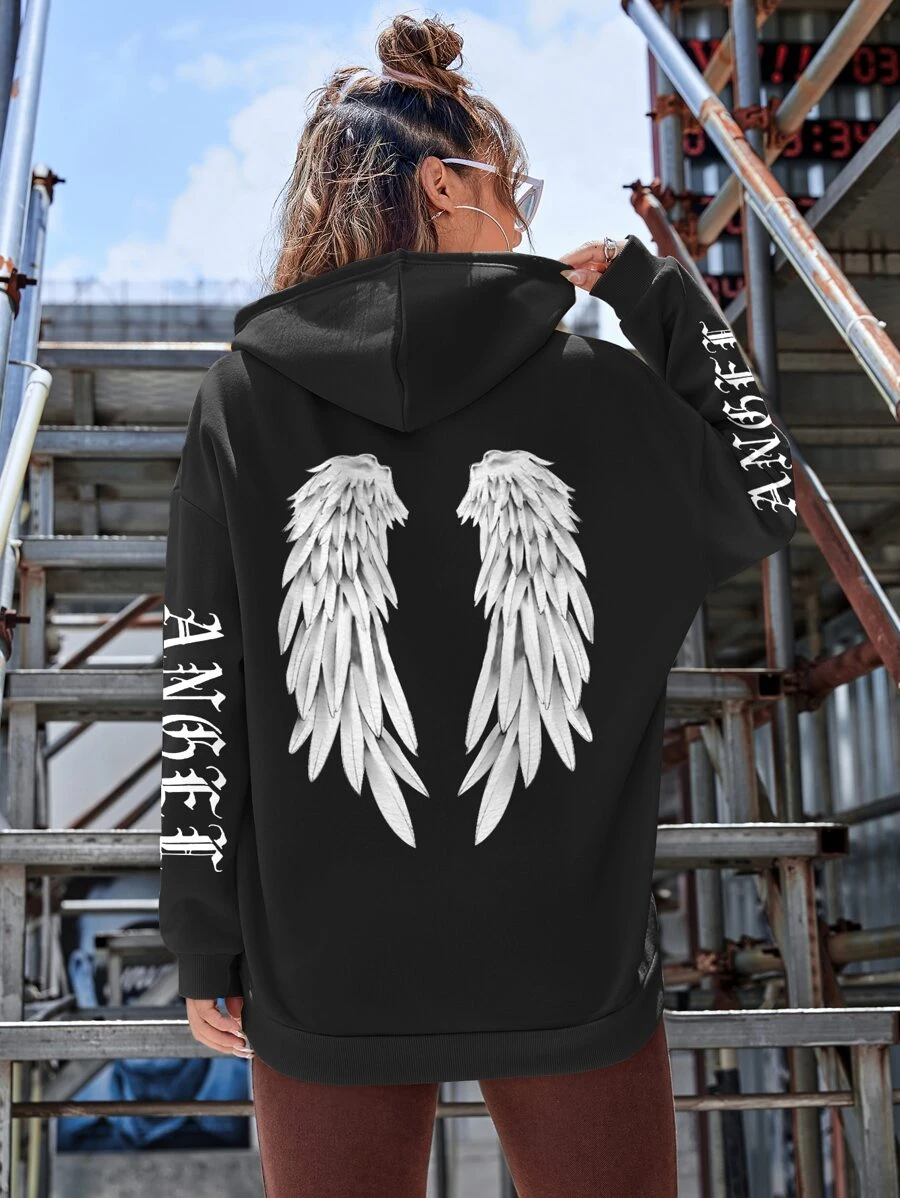 SHEIN Coolane Wings & Letter Graphic Drawstring Thermal Lined Hoodie - Black - View 1