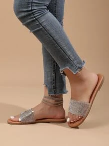 2025 年春夏新款时尚闪光经典舒适水晶和水钻装饰女士一脚蹬平底凉鞋，简约风格 - 銀色 - 查看 3