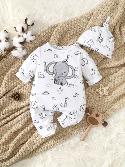 SHEIN Baby Girl Newborn Cartoon Graphic Jumpsuit & Hat