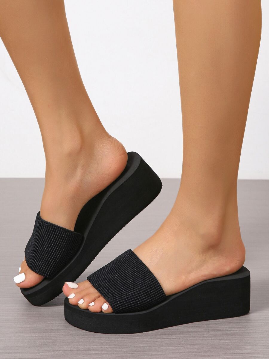 Minimalist Wedge Slide Sandals - Black - View 1