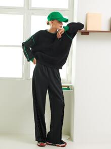 SHEIN Contrast Binding Drop Shoulder Jumper - Black - View 6