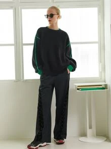 SHEIN Contrast Binding Drop Shoulder Jumper - Black - View 5