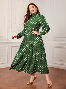 Modelyn Vestido de lunares de cuello alto de manga farol - Verde - Ver 1