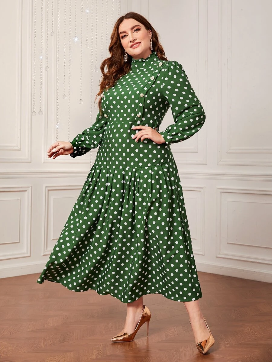 Modelyn Vestido de lunares de cuello alto de manga farol - Verde - Ver 1