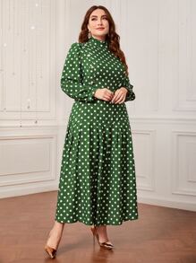 Modelyn Vestido de lunares de cuello alto de manga farol - Verde - Ver 3
