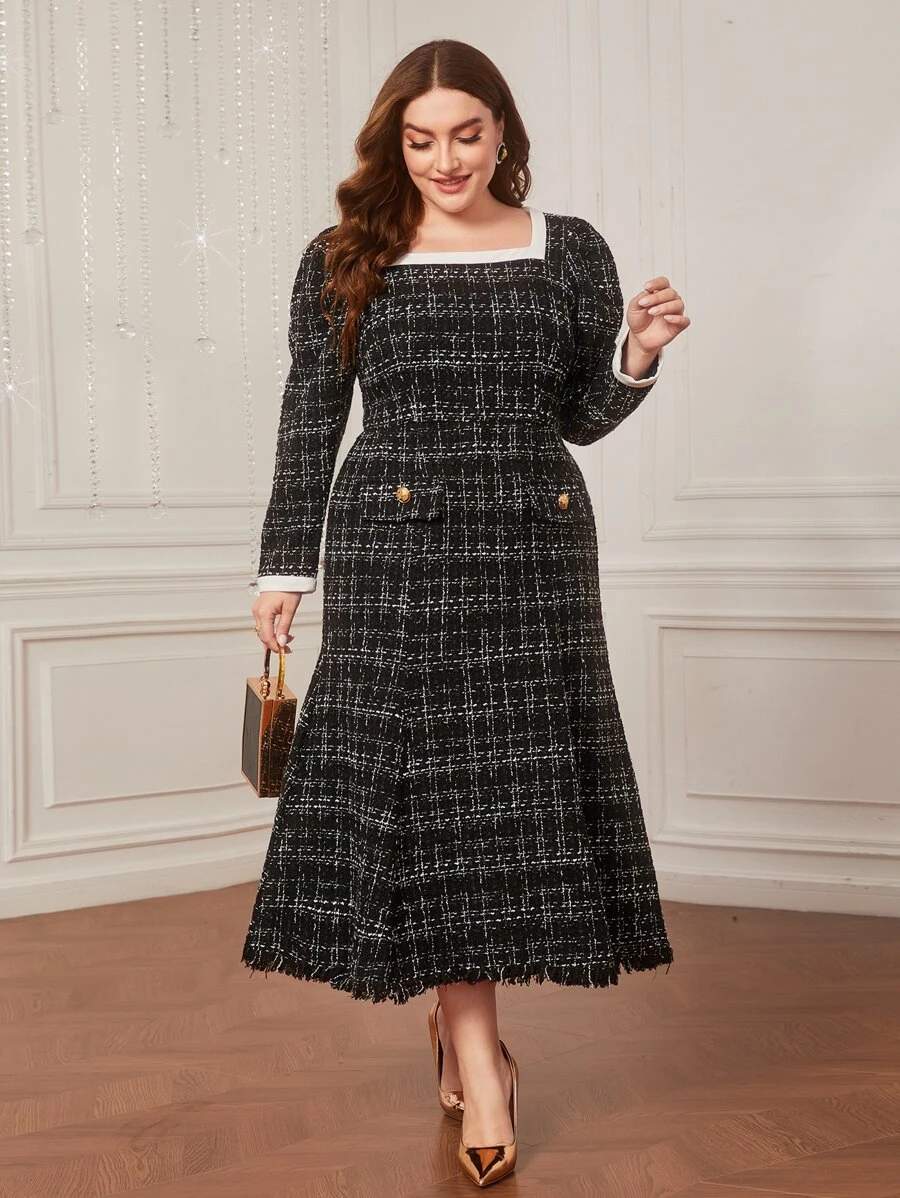 Modelyn Plus Plaid Square Neck Raw Hem Dress - Black - View 1