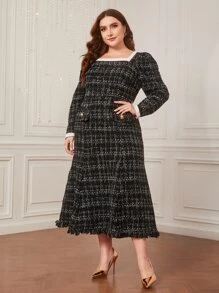 Modelyn Plus Plaid Square Neck Raw Hem Dress - Black - View 3