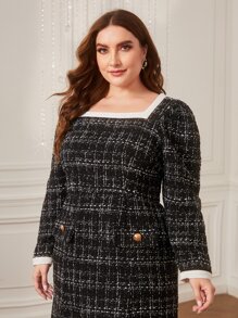 Modelyn Plus Plaid Square Neck Raw Hem Dress - Black - View 4
