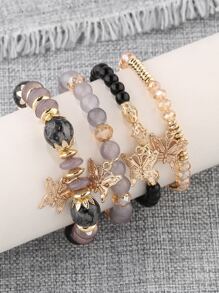 4pcs Butterfly Charm Beaded Bracelet - Multicolor - View 4