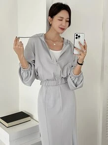 DAZY Drop Shoulder Drawstring Hoodie & Mermaid Hem Skirt,Women Two Pieces Sets,Fall Clothes - Grey - View 3