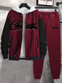Aesthetic Post Men Letter Graphic Colourblock Drop Shoulder Varsity Jacket & Joggers Without Hoodie - Burgundy - View 1