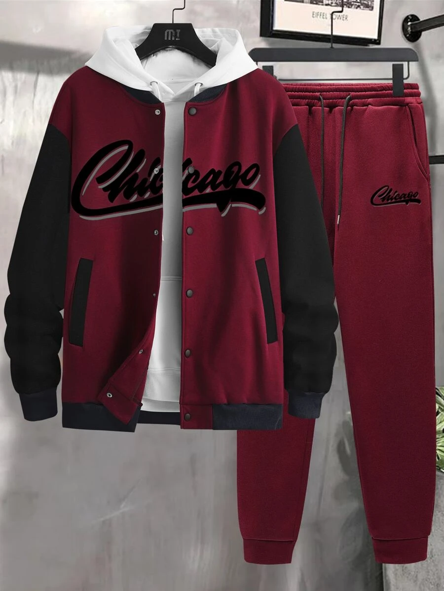 Aesthetic Post Men Letter Graphic Colourblock Drop Shoulder Varsity Jacket & Joggers Without Hoodie - Burgundy - View 1