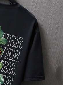 Manfinity Roghcode 男士花卉和字母圖案T恤 - 黑色 - 查看 5