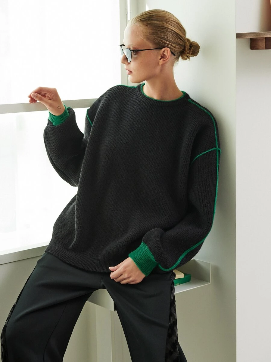 SHEIN Contrast Binding Drop Shoulder Jumper - Black - View 1