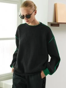 SHEIN Contrast Binding Drop Shoulder Jumper - Black - View 3