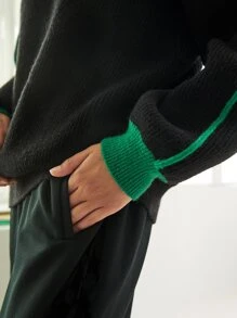 SHEIN Contrast Binding Drop Shoulder Jumper - Black - View 4