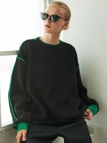 SHEIN Contrast Binding Drop Shoulder Jumper - Black - View 7