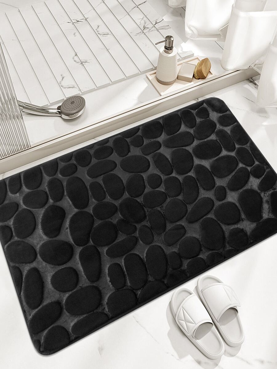 1pc Cobblestone Embossed Bathroom Bath Mat, Memory Foam Pad, Washable Bath Rug,Stone Bath Rug, Rapid Water Absorbent, Non-Slip, Washable, Thick, Soft And Comfortable Carpet For Shower Room Outdoor Rug Door Mat Bathroom Decor Summer - Black - View 1