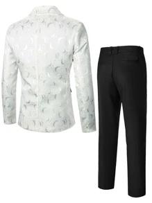 Manfinity AFTRDRK 男士1入組提花花卉圖案西裝外套和1入組西裝褲 - 黑與白 - 查看 2