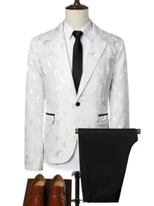 Manfinity AFTRDRK 男士1入組提花花卉圖案西裝外套和1入組西裝褲 - 黑與白 - 查看 3