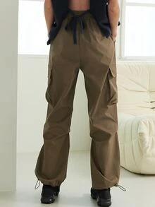 SHEIN Flap Pocket Drawstring Waist Cargo Trousers - Mocha Brown - View 2
