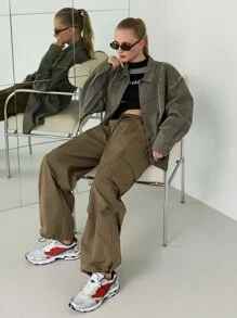 SHEIN Flap Pocket Drawstring Waist Cargo Trousers - Mocha Brown - View 4