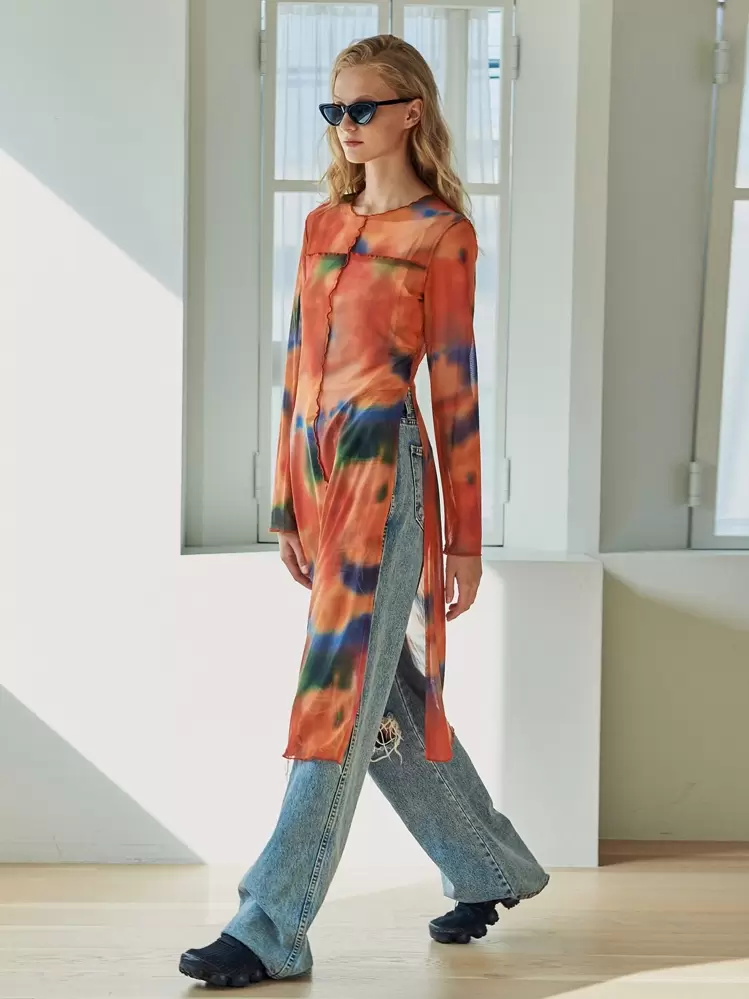 Dazy Designer Tie Dye Split Thigh Longline Top,Fall Clothes,Back To School Clothes Long Sleeve Women Tops - Orange - View 4