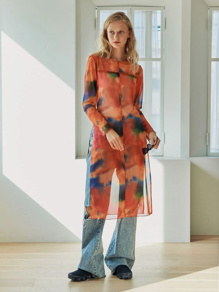 Dazy Designer Tie Dye Split Thigh Longline Top,Fall Clothes,Back To School Clothes Long Sleeve Women Tops - Orange - View 12