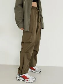 SHEIN Flap Pocket Drawstring Waist Cargo Trousers - Mocha Brown - View 11