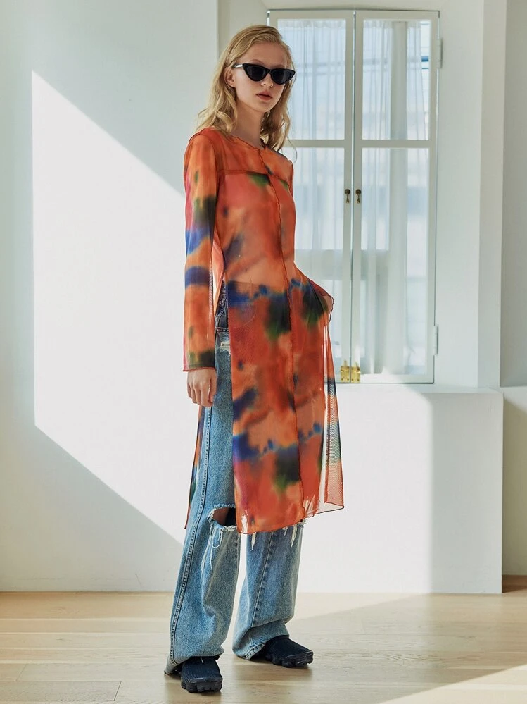 Dazy Designer Tie Dye Split Thigh Longline Top,Fall Clothes,Back To School Clothes Long Sleeve Women Tops - Orange - View 13